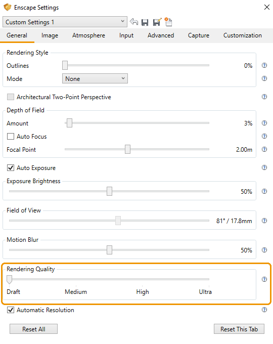 “常规设置”选项卡中的“渲染质量”滑块