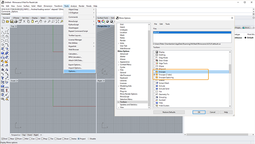 从Rhino的工具栏选项启用Enscape功能区
