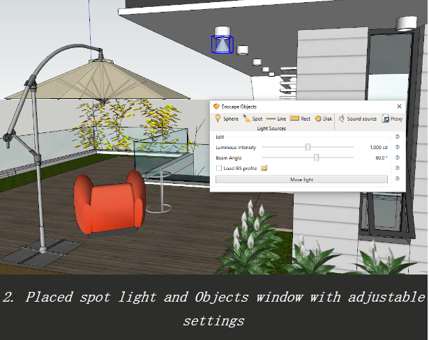 2.放置聚光灯和物体窗口，可调节设置