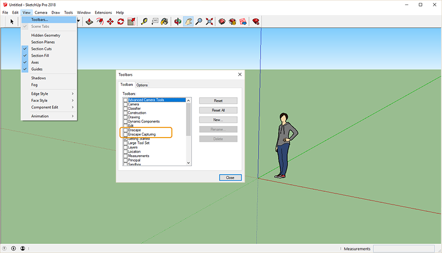 通过SketchUp的View下拉菜单启用Enscape工具栏。