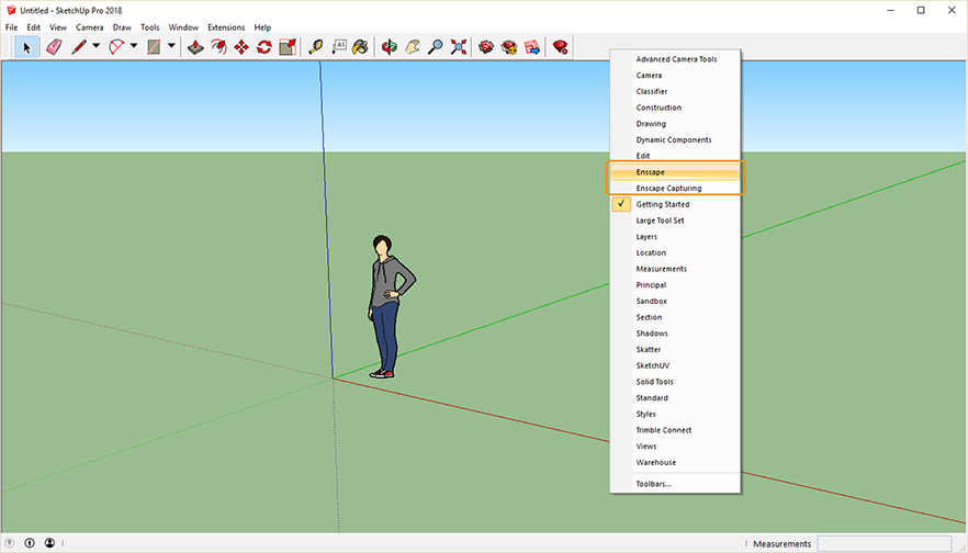 右键单击SketchUp工具栏区域启用Enscape工具栏