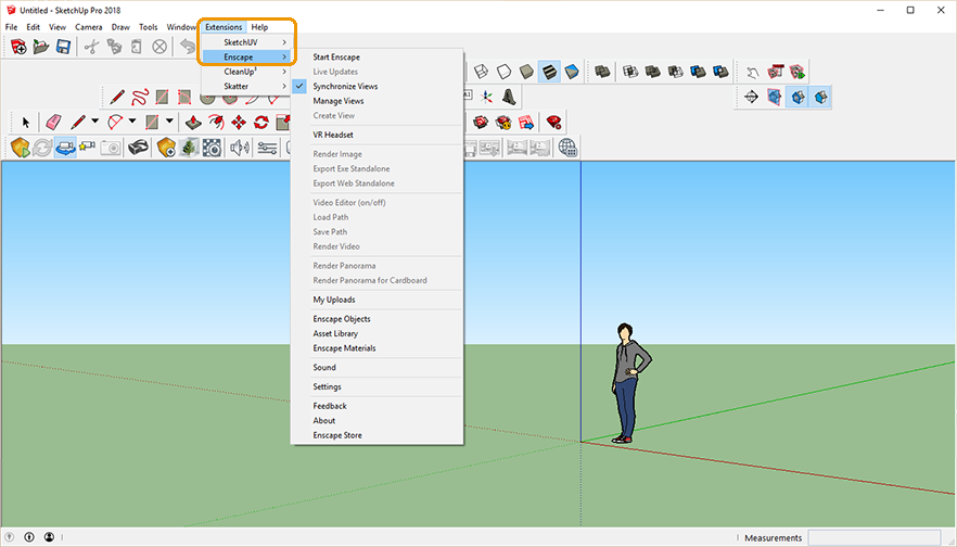 通过SketchUp的View下拉菜单启用Enscape工具栏。