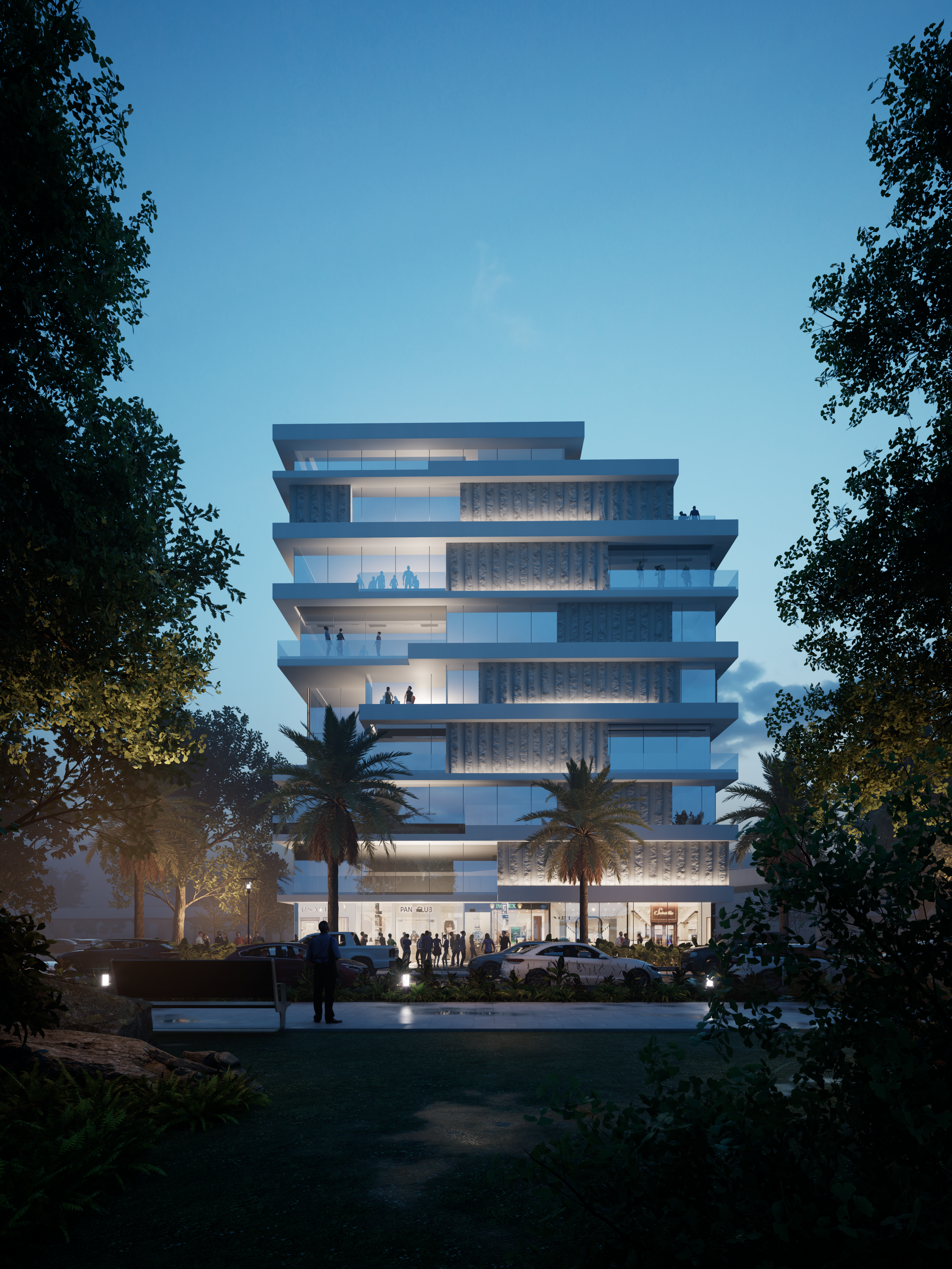 11 办公建筑雨天夜景表现