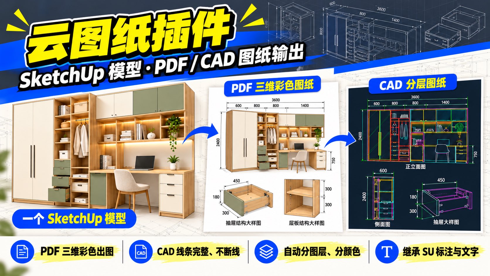 课程页原有配图 · 一个 SketchUp 模型，同步导出 PDF 与 CAD 图纸