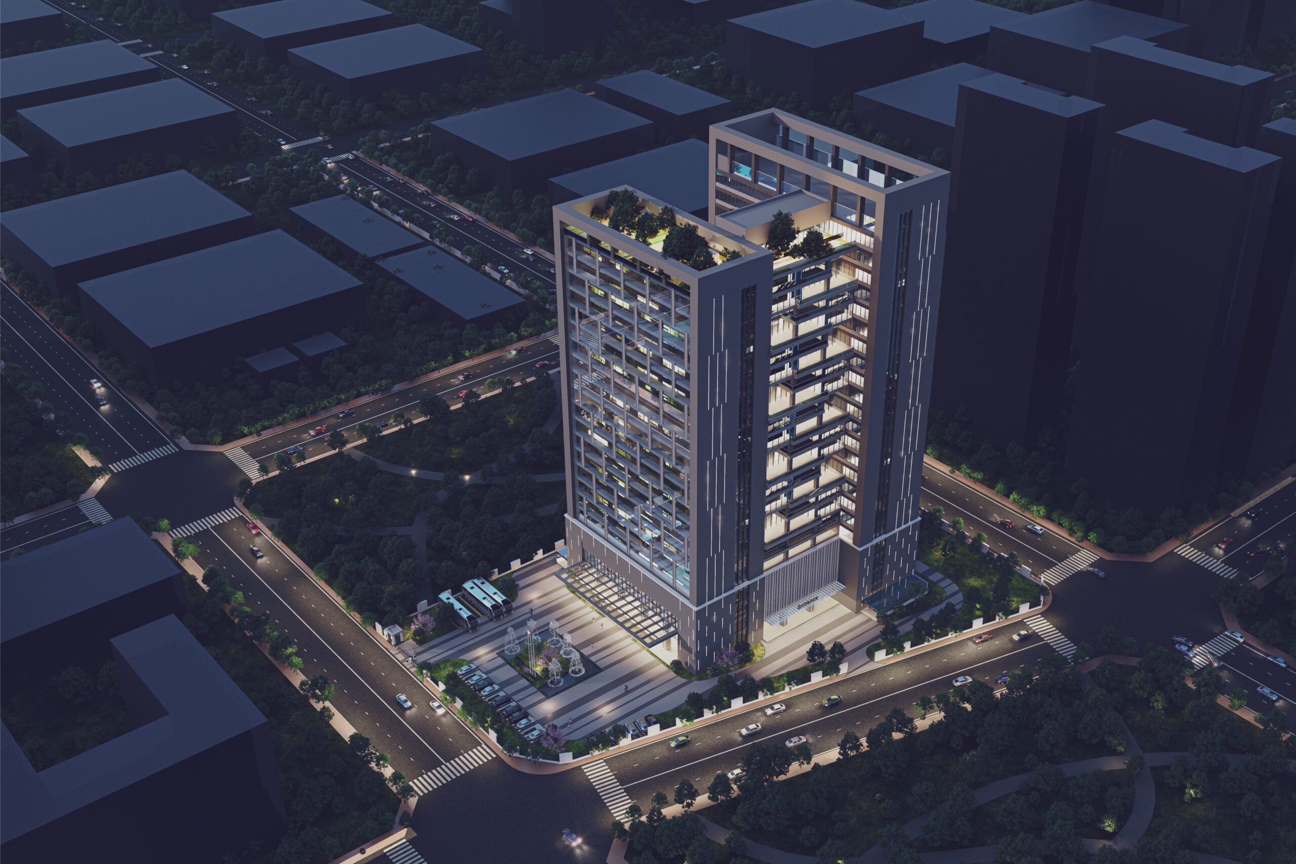 现代高层办公楼2案例-晚上鸟瞰